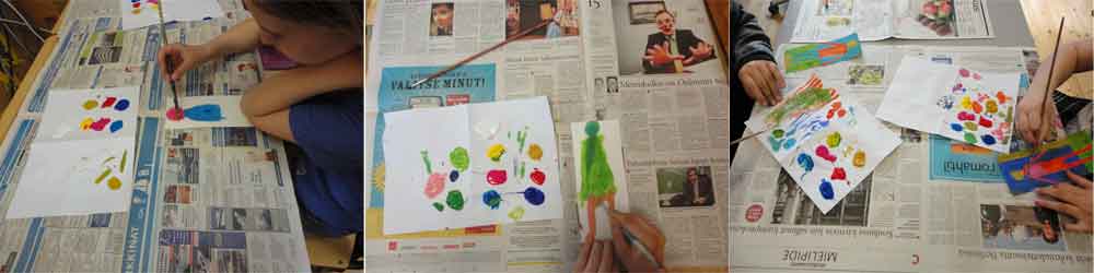 all children are painting a postcard