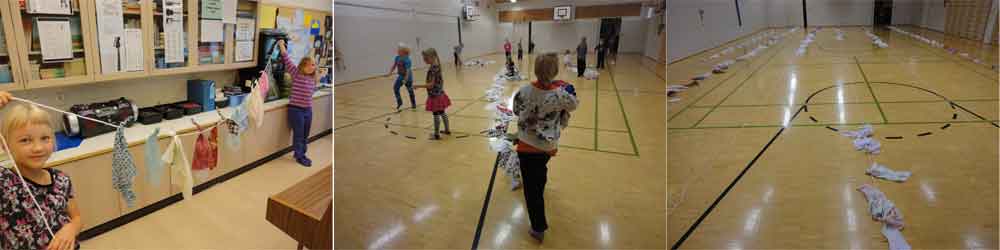 Children of the 1st and 2nd class in R�m�l� are connecting the handkerchiefs to a long line.