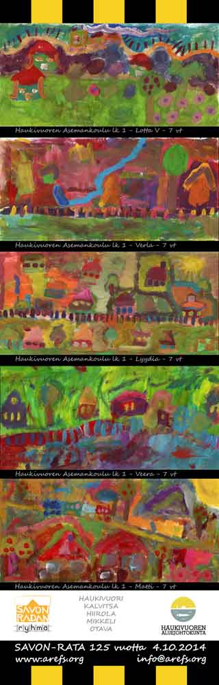 banner with 5 painting by children of the first class of Haukivuori school